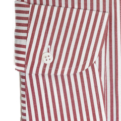 Folded sleeve button detail of the Hitoyoshi Broadcloth Button Down Red Stripe shirt