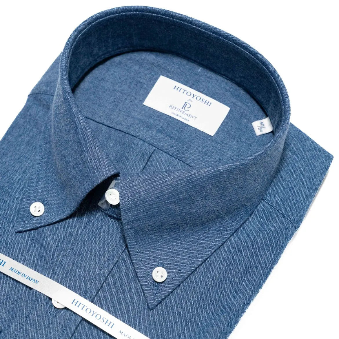Collar detail of the Hitoyoshi Button Down Shirt Chambray Dark Blue