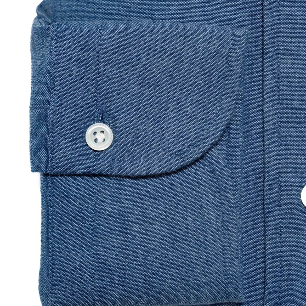 Folded sleeve button detail of the Hitoyoshi Button Down Shirt Chambray Dark Blue