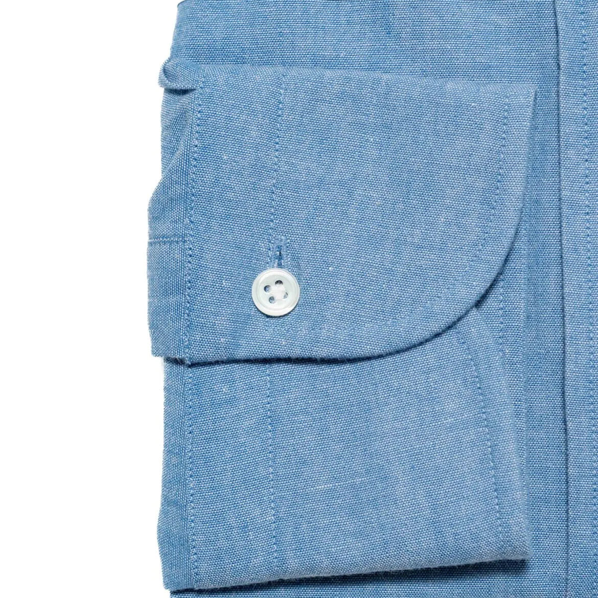 Folded sleeve button detail of the Hitoyoshi Button Down Shirt Chambray Light Blue