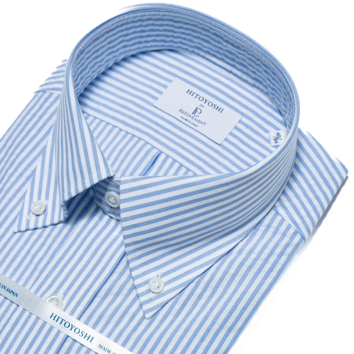 Collar detail of the Hitoyoshi Button Down Shirt Seersucker Blue Stripe