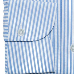 Folded sleeve button detail of the Hitoyoshi Button Down Shirt Seersucker Blue Stripe