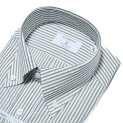 Close-up of the button-down collar showing the roll shape, stitching detail, and puckered seersucker texture.