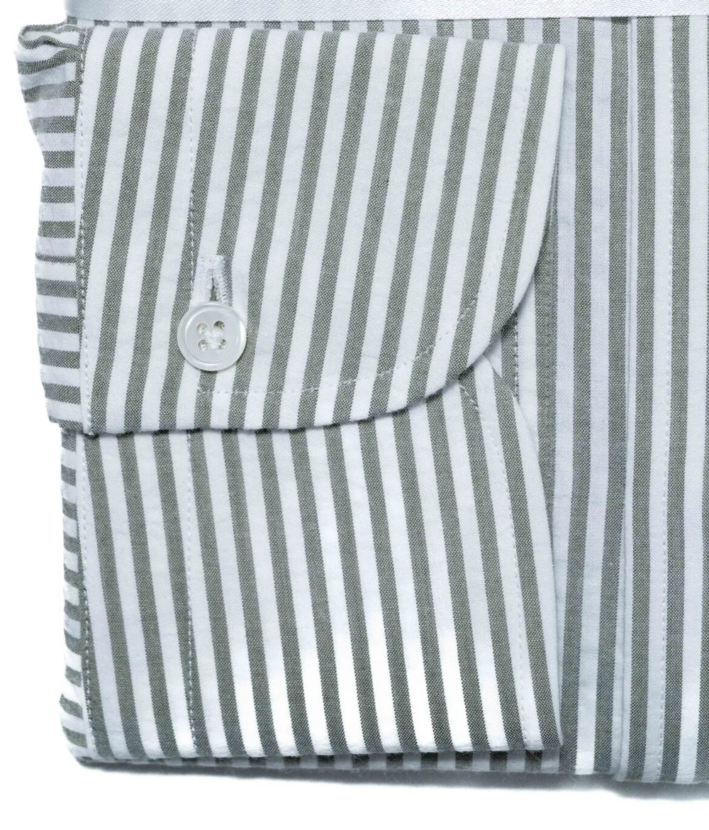 Close-up of the seersucker khaki stripe fabric showing puckered texture, breathability, and crisp stripe pattern.