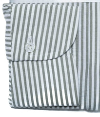 Close-up of the seersucker khaki stripe fabric showing puckered texture, breathability, and crisp stripe pattern.