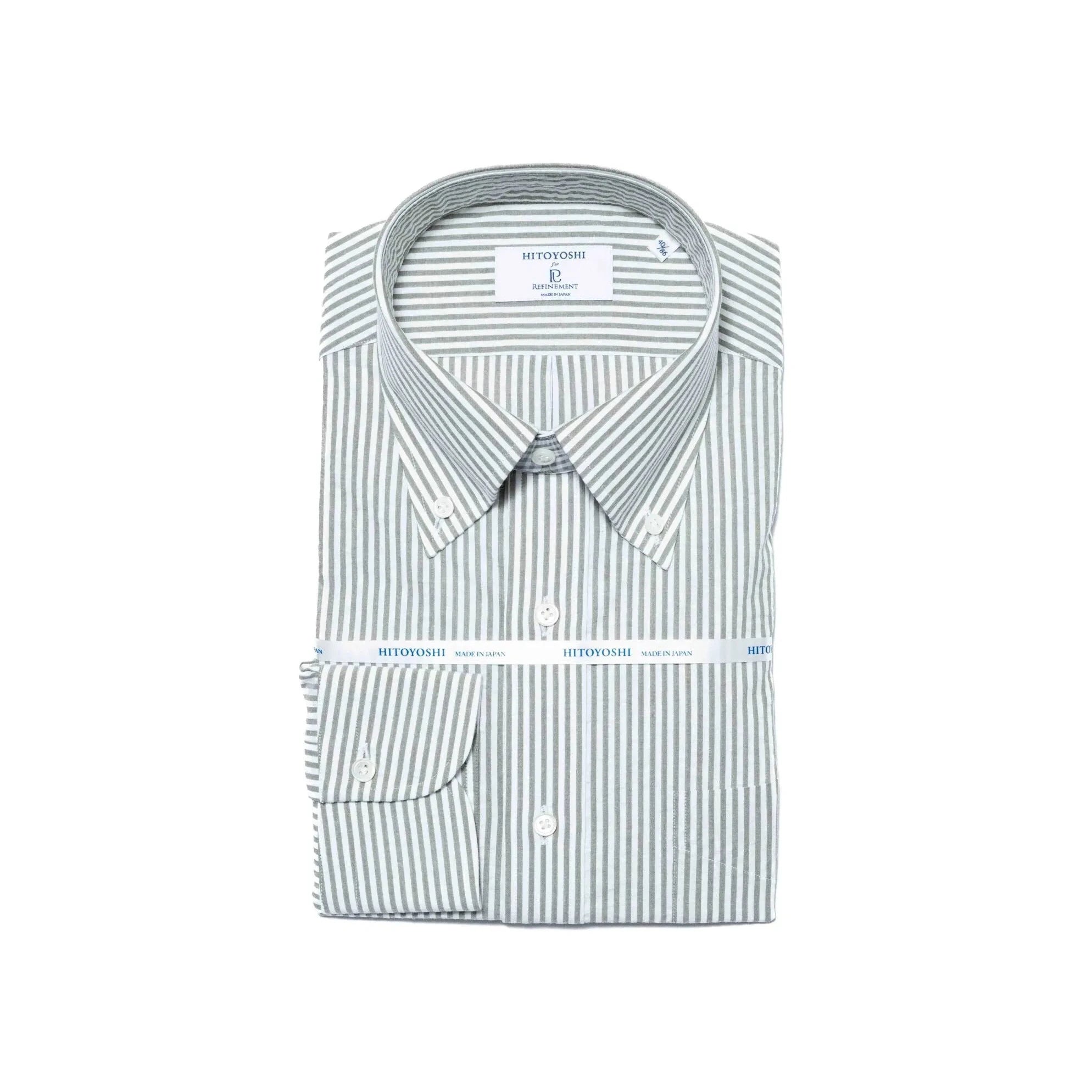 Folded view of the Hitoyoshi Button Down Shirt Seersucker Khaki Stripe showing collar roll, stripe pattern, and neat folding.