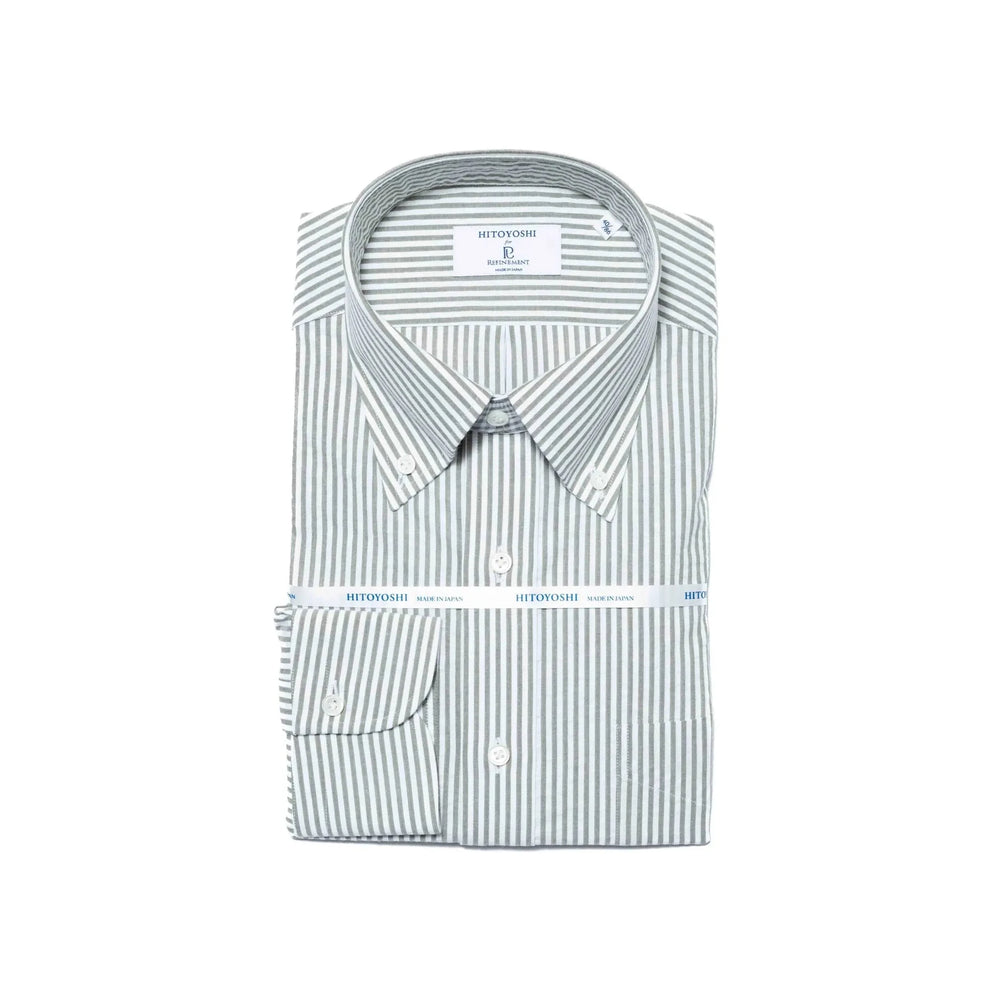 Folded view of the Hitoyoshi Button Down Shirt Seersucker Khaki Stripe showing collar roll, stripe pattern, and neat folding.
