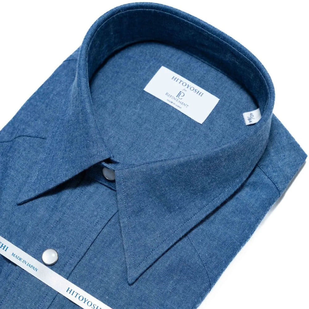 Collar detail of the Hitoyoshi Dress Western Shirt Chambray Dark Blue