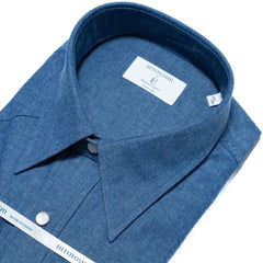 Collar detail of the Hitoyoshi Dress Western Shirt Chambray Dark Blue