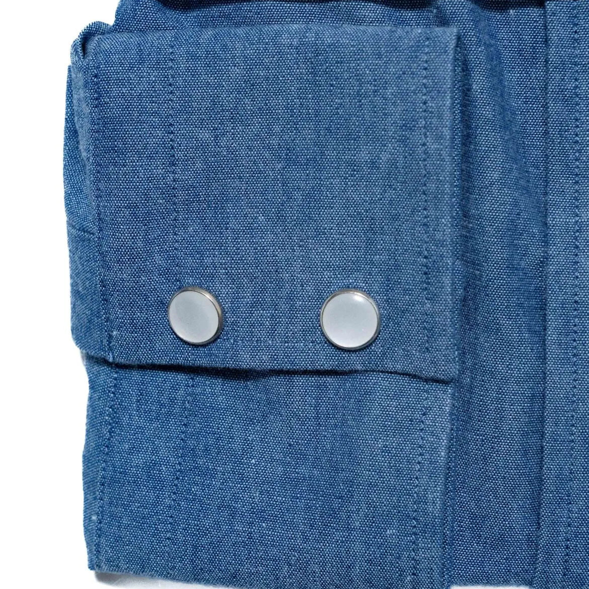 Folded sleeve button detail of the Hitoyoshi Dress Western Shirt Chambray Dark Blue
