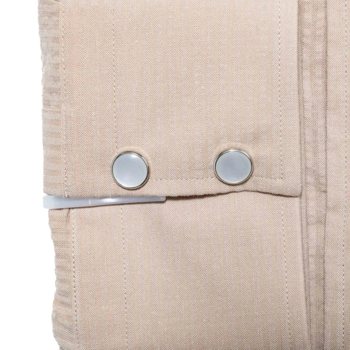 Folded sleeve button detail of the Hitoyoshi Dress Western Shirt Seersucker Beige