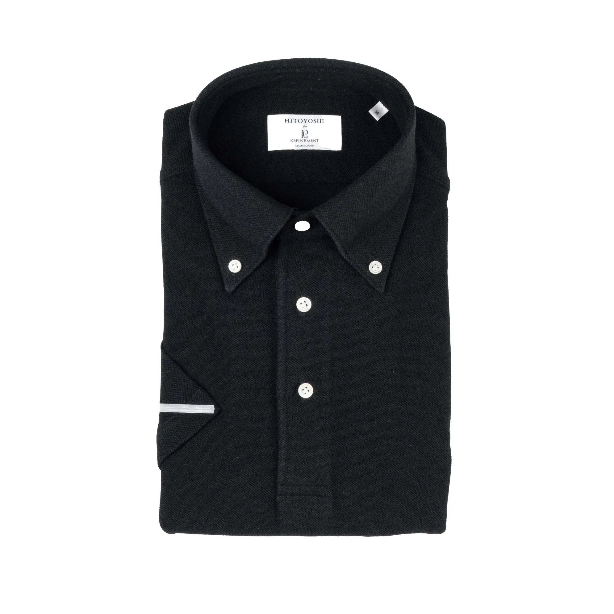 Folded front view of the Hitoyoshi for Refinement Button Down Polo Black