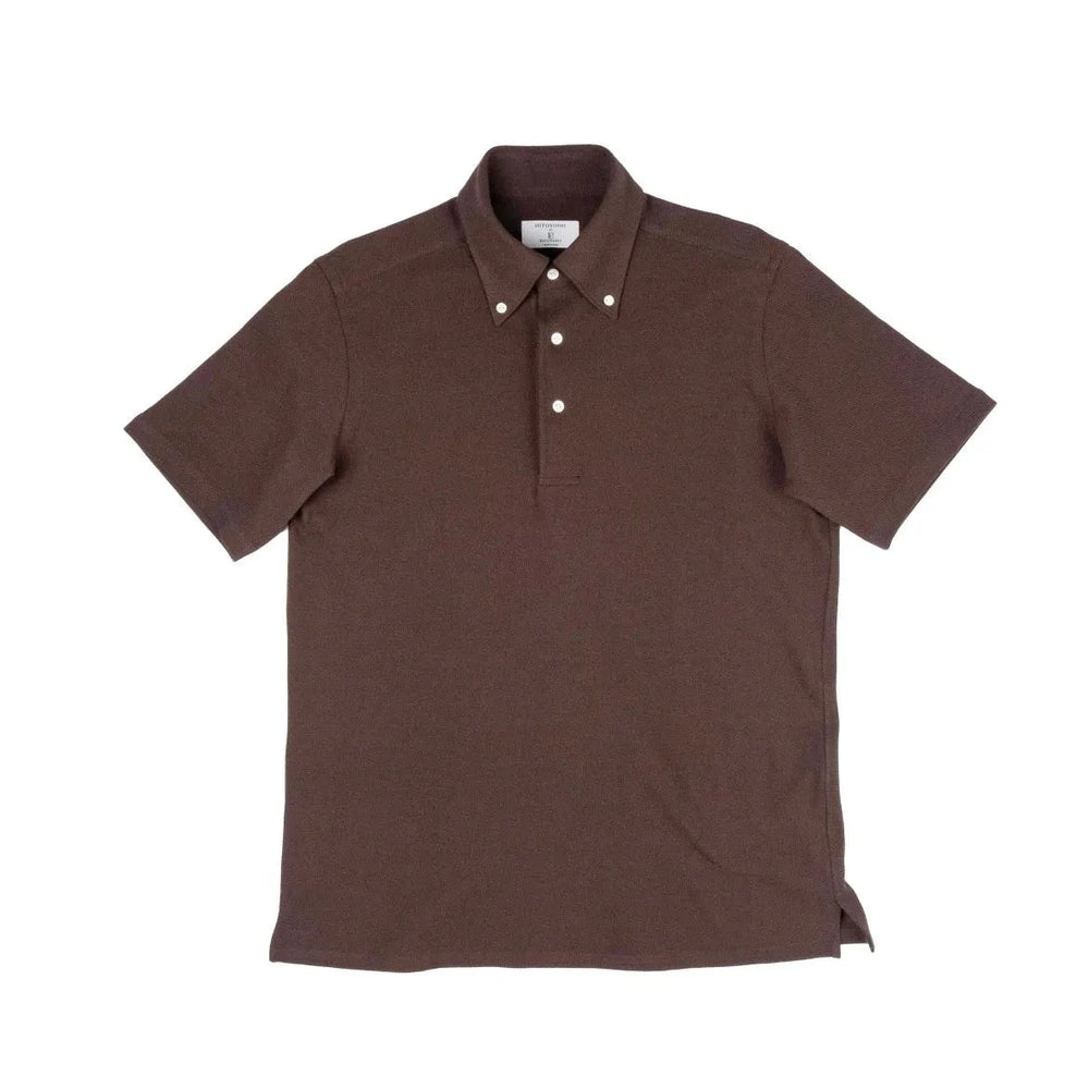 Front view of the Hitoyoshi for Refinement Button Down Polo Dark Brown showing the structured silhouette, button-down collar, and rich dark brown knit texture.