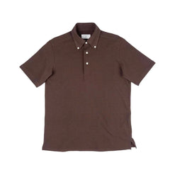 Front view of the Hitoyoshi for Refinement Button Down Polo Dark Brown showing the structured silhouette, button-down collar, and rich dark brown knit texture.
