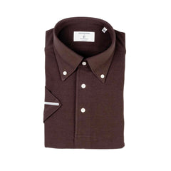 Folded view of the Hitoyoshi for Refinement Button Down Polo Dark Brown showing collar roll, knit texture, and tidy folding.