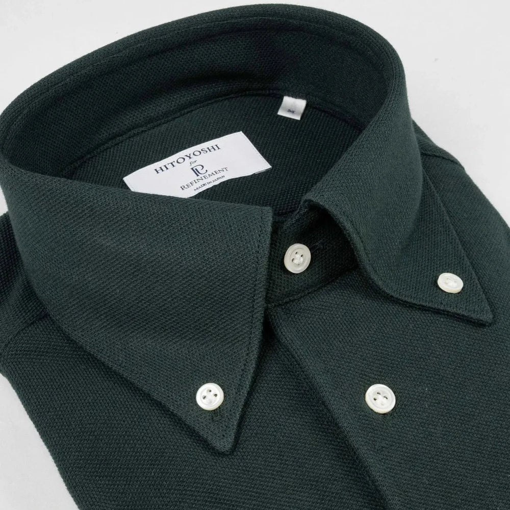 Close-up of the button-down collar showing the collar roll, stitching precision, and knit texture.