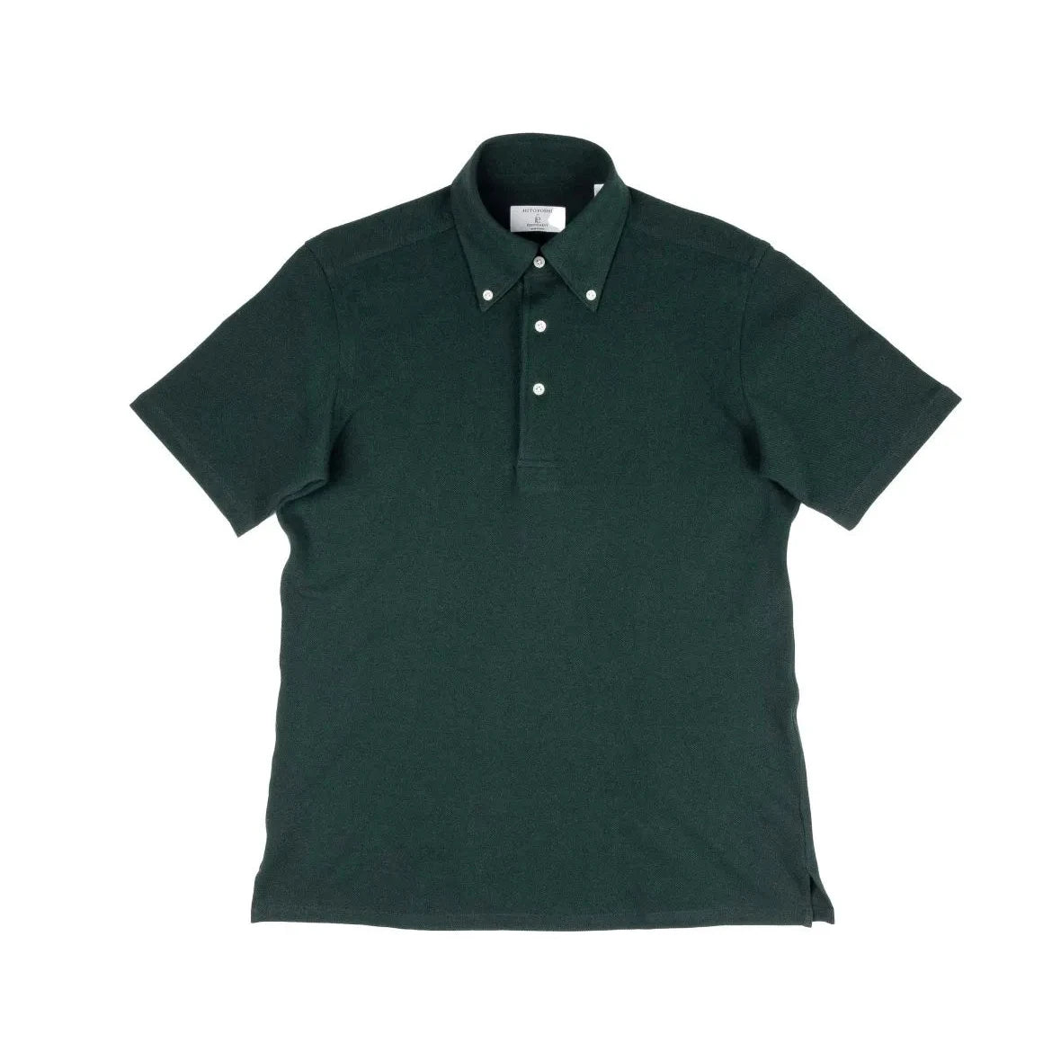 Full body view of the Hitoyoshi for Refinement Button Down Polo Dark Green worn on model, showing the overall silhouette, drape, and deep green knit texture when styled.