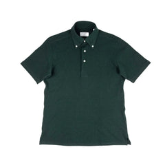 Full body view of the Hitoyoshi for Refinement Button Down Polo Dark Green worn on model, showing the overall silhouette, drape, and deep green knit texture when styled.