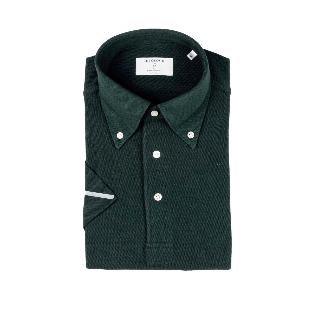 Front view of the Hitoyoshi for Refinement Button Down Polo Dark Green showing the clean silhouette, textured knit, and button-down collar.