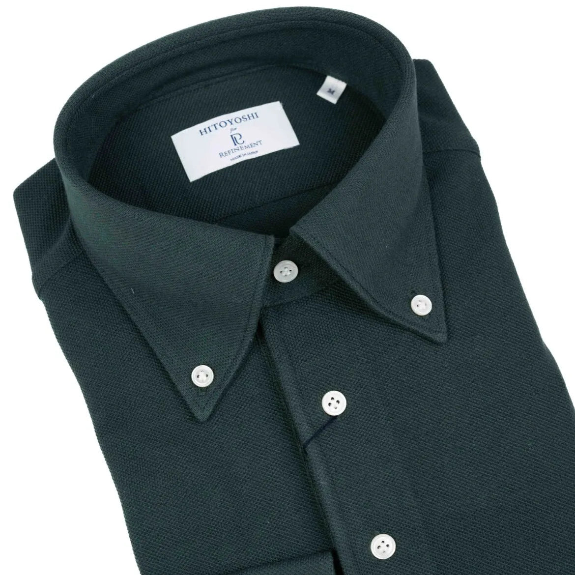 Collar detail of the Hitoyoshi for Refinement Button Down Polo Dark Green