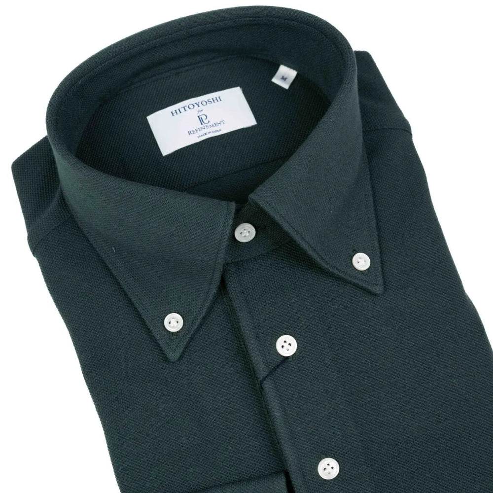Collar detail of the Hitoyoshi for Refinement Button Down Polo Dark Green