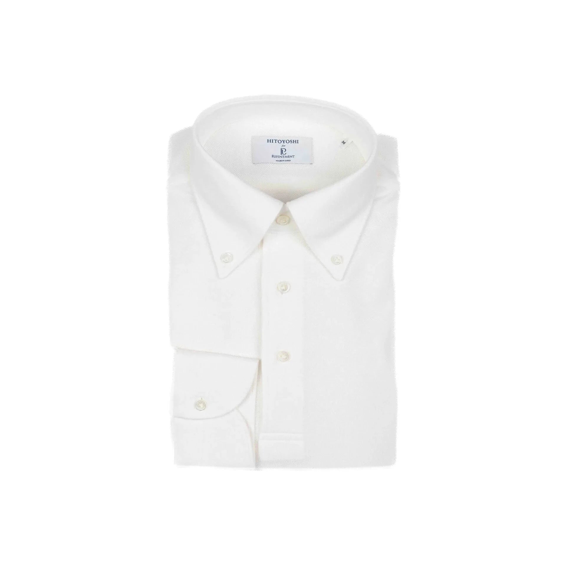 Folded view of the Hitoyoshi for Refinement Button Down Polo Long Sleeve Off White showing collar roll, fabric texture, and tidy folding.
