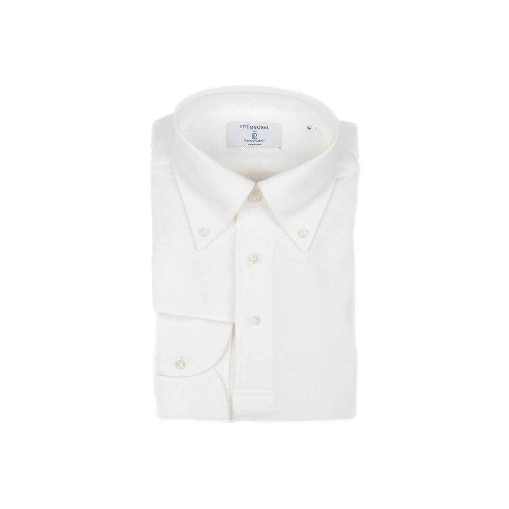 Folded view of the Hitoyoshi for Refinement Button Down Polo Long Sleeve Off White showing collar roll, fabric texture, and tidy folding.
