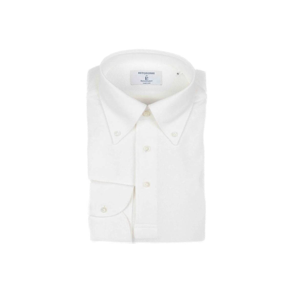 Folded view of the Hitoyoshi for Refinement Button Down Polo Long Sleeve Off White showing collar roll, fabric texture, and tidy folding.
