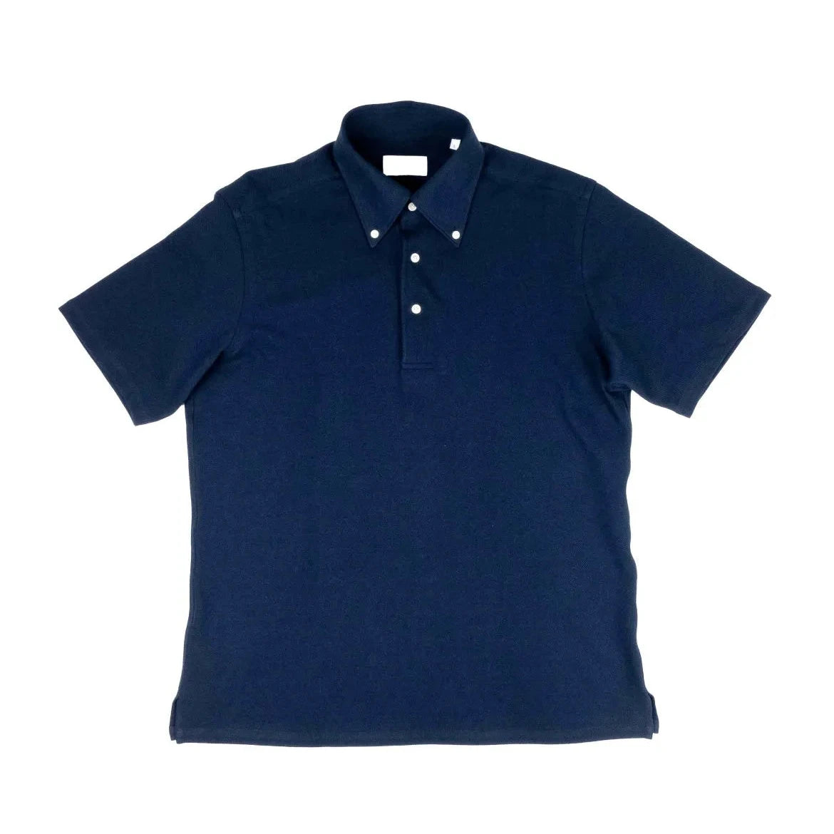 Front view of the Hitoyoshi for Refinement Button Down Polo Navy showing the structured polo silhouette, button-down collar, and deep navy knit texture.