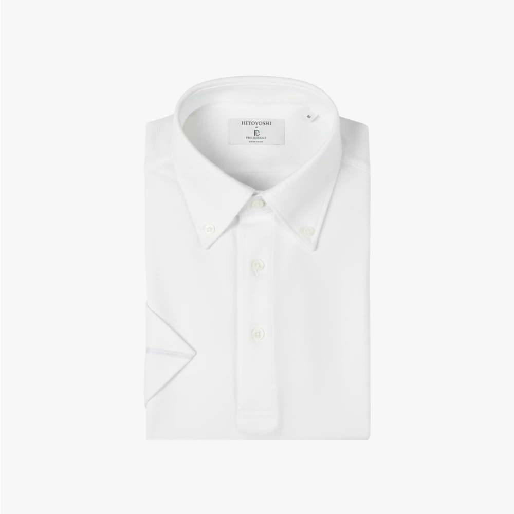 Front view of the Hitoyoshi for Refinement Button Down Polo in Off White showing the clean silhouette, button-down collar, and textured knit fabric.