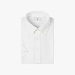 Front view of the Hitoyoshi for Refinement Button Down Polo in Off White showing the clean silhouette, button-down collar, and textured knit fabric.