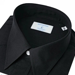 Close-up of the spread collar showing refined shape, stitching precision, and smooth rayon texture.