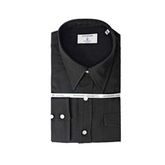 Folded view of the Hitoyoshi for Refinement Dress Western Shirt Rayon Black showing the collar form, rayon texture, and neat folding.