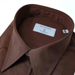 Close-up of the spread collar showing refined shaping, stitching detail, and soft brown rayon texture.