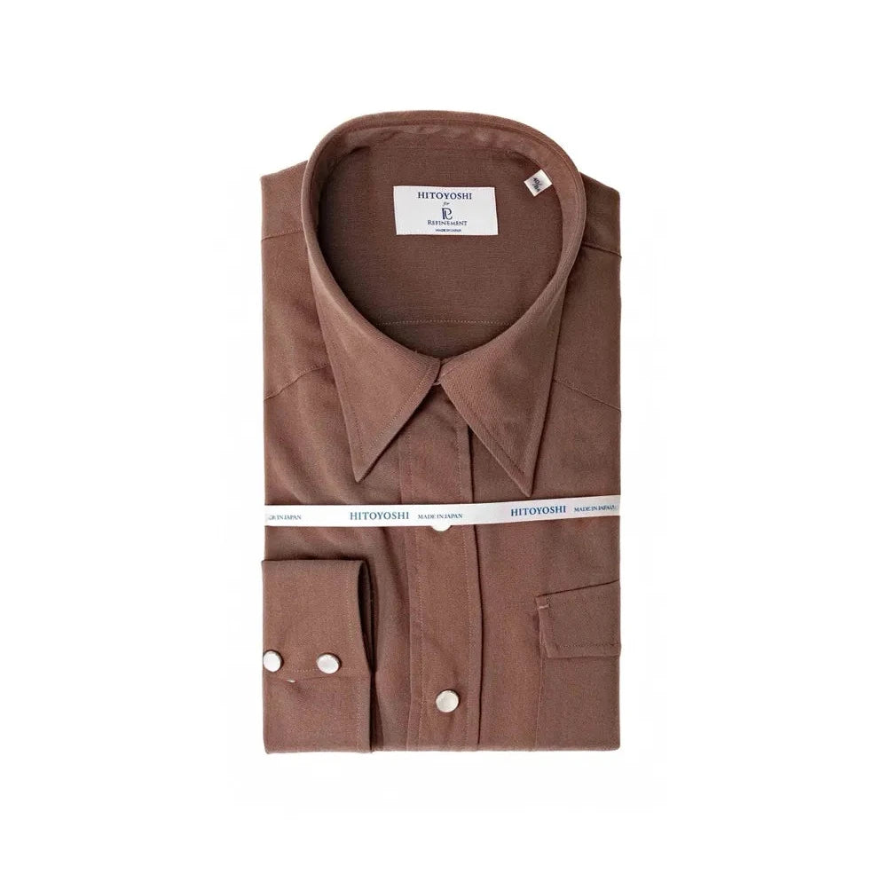 Folded view of the Hitoyoshi for Refinement Dress Western Shirt Rayon Brown showing neat folding, fabric sheen, and collar shape.