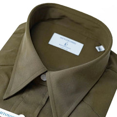 Close-up of the spread collar showing refined shaping, stitching detail, and soft brown rayon texture.