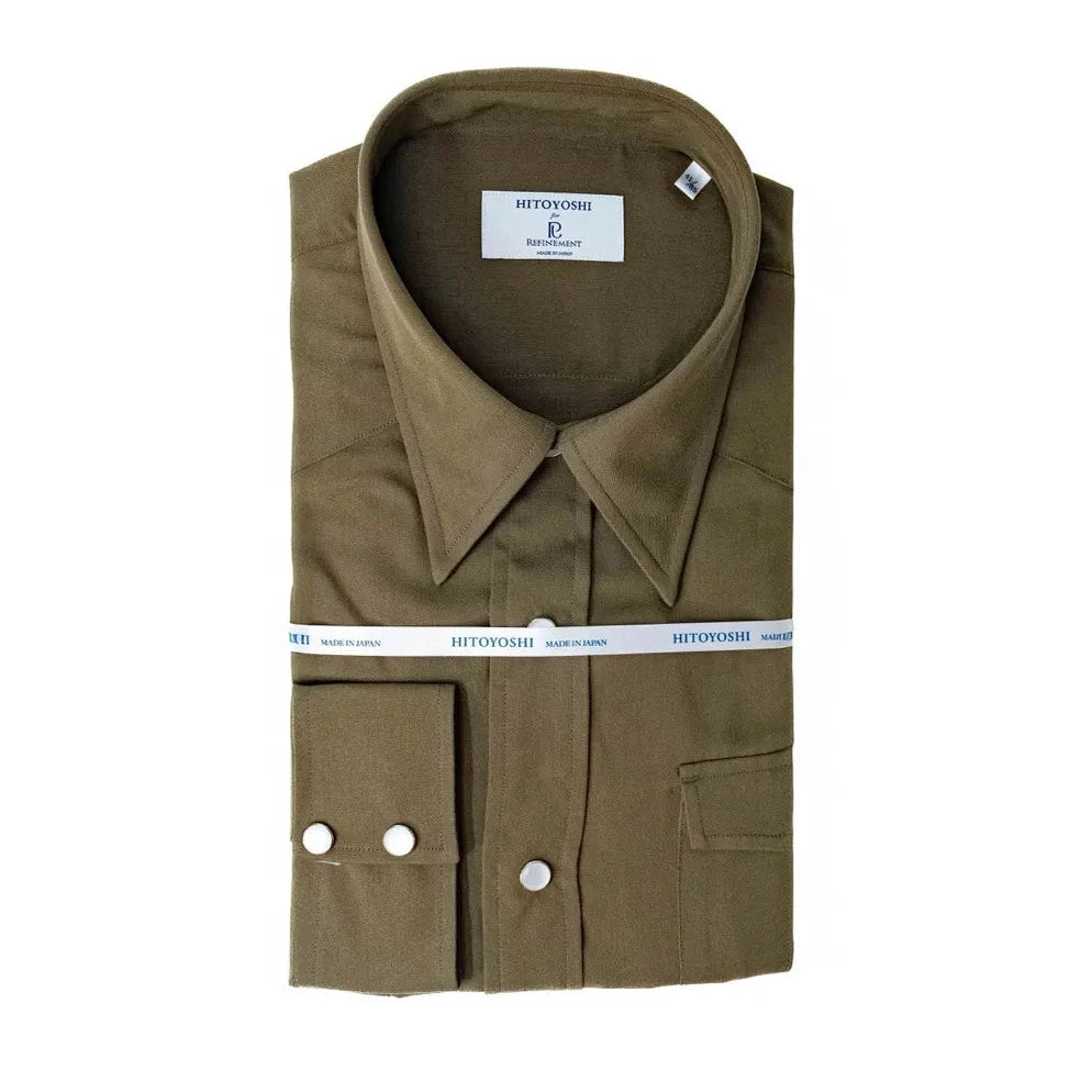 Folded view of the Hitoyoshi for Refinement Dress Western Shirt Rayon Brown showing neat folding, fabric sheen, and collar shape.