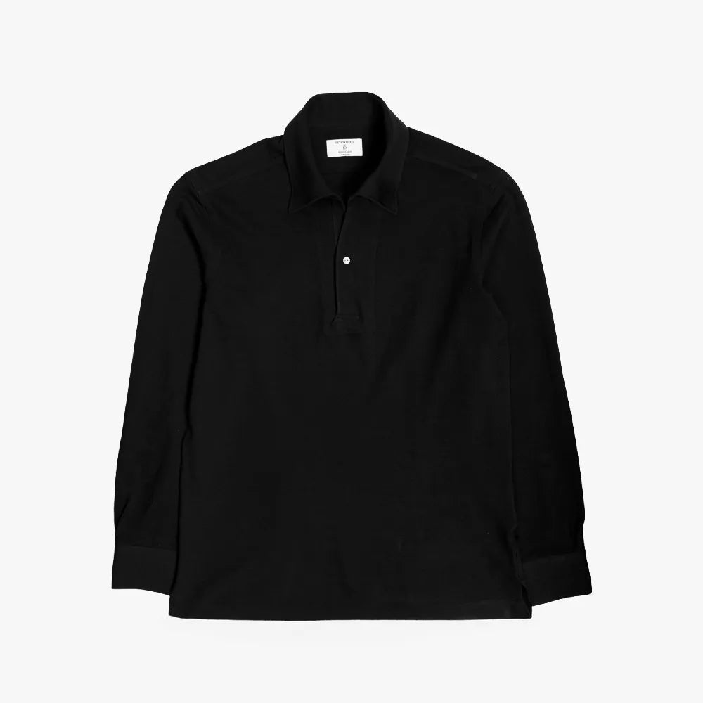 Hitoyoshi for Refinement One Piece Collar Polo Long Sleeve Black Front View.