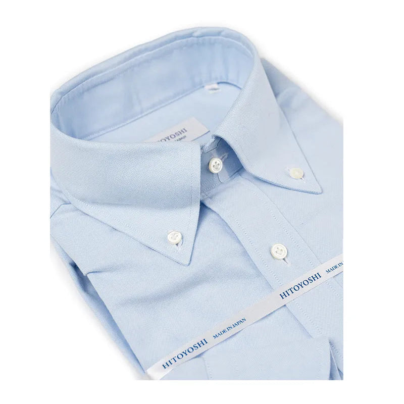 Collar detail of the Hitoyoshi Oxford Cloth Button Down Blue shirt
