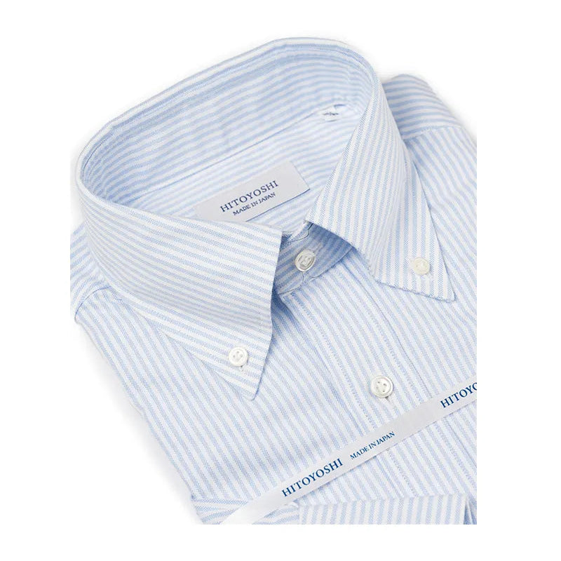 Collar detail of the Hitoyoshi Oxford Cloth Button Down Blue Stripe shirt