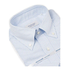 Collar detail of the Hitoyoshi Oxford Cloth Button Down Blue Stripe shirt