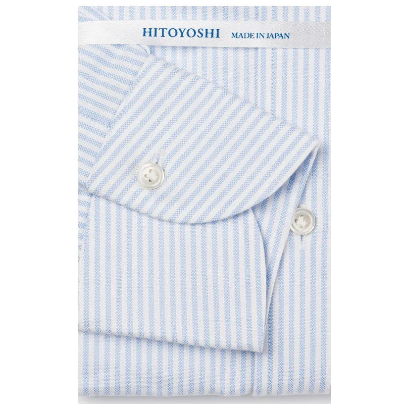 Folded sleeve button detail of the Hitoyoshi Oxford Cloth Button Down Blue Stripe shirt