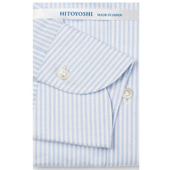 Folded sleeve button detail of the Hitoyoshi Oxford Cloth Button Down Blue Stripe shirt