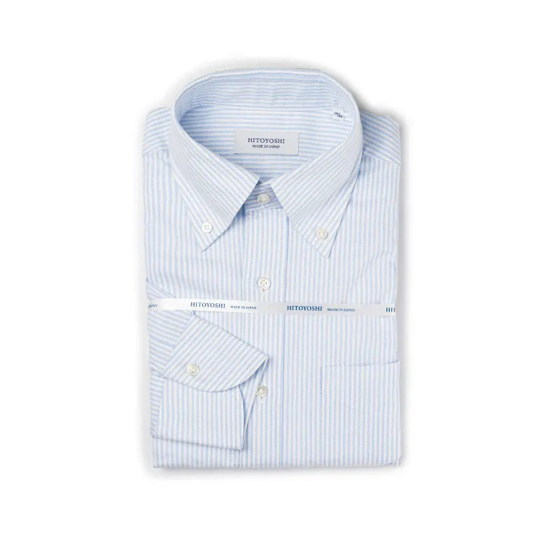 Hitoyoshi Oxford Cloth Button Down Blue Stripe shirt front view