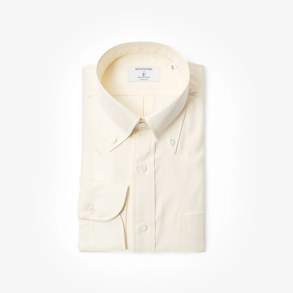 Front view of the Hitoyoshi Oxford Cloth Button Down Shirt in Ivory showing the clean silhouette, classic button-down collar, and soft ivory Oxford texture.