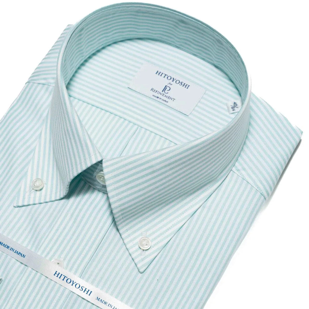 Collar detail of the Hitoyoshi Oxford Cloth Button Down Mint Stripe shirt