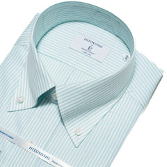 Collar detail of the Hitoyoshi Oxford Cloth Button Down Mint Stripe shirt