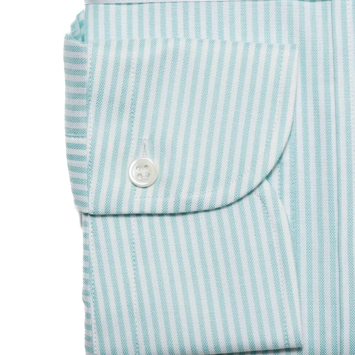 Folded sleeve button detail of the Hitoyoshi Oxford Cloth Button Down Mint Stripe shirt