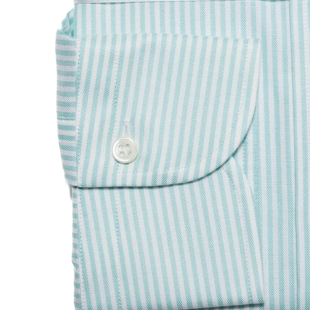 Folded sleeve button detail of the Hitoyoshi Oxford Cloth Button Down Mint Stripe shirt