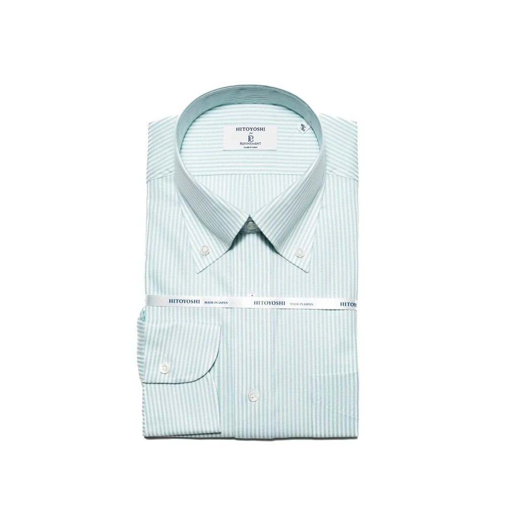 Hitoyoshi Oxford Cloth Button Down Mint Stripe shirt front view